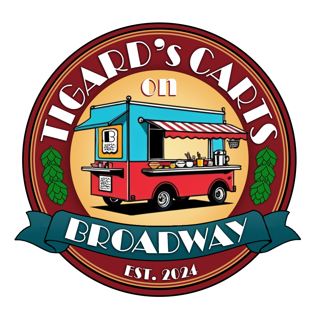 A circular logo with a food truck in the center, surrounded by the text 'TIGARD'S CAMPUS on BROADWAY' and 'EST. 2024'. The logo features hop cones on the sides and a banner at the bottom.