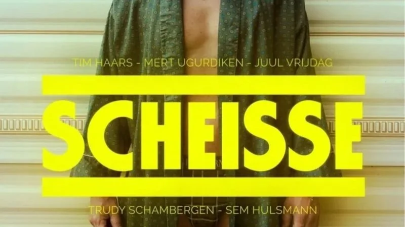 Cover image with a person wearing a dark shirt, with text overlay that says "Tim HAARS - Mert UGURDIKEN - Jul Vrijdag" above a large yellow text that reads "SCHEISSE" and additional smaller yellow text underneath that says "Trudy Schambergen - Sem Hulsmann."