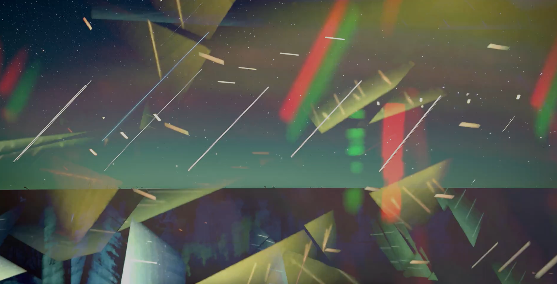 Abstract digital art with multicolored geometric shapes, lines, and light streaks against a dark background.