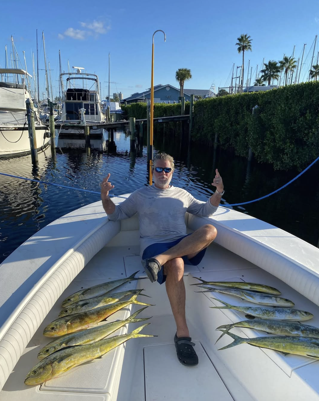 Man sitting with legs crossed on a boat deck, wearing sunglasses and a gray shirt, showing fishing catches including several yellowtail fish and other types of fish, with boats and palm trees in the background at a marina.