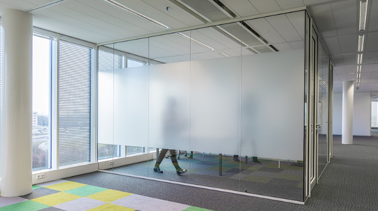 Modern office with glass walls, colorful carpet tiles, and large windows with blinds
