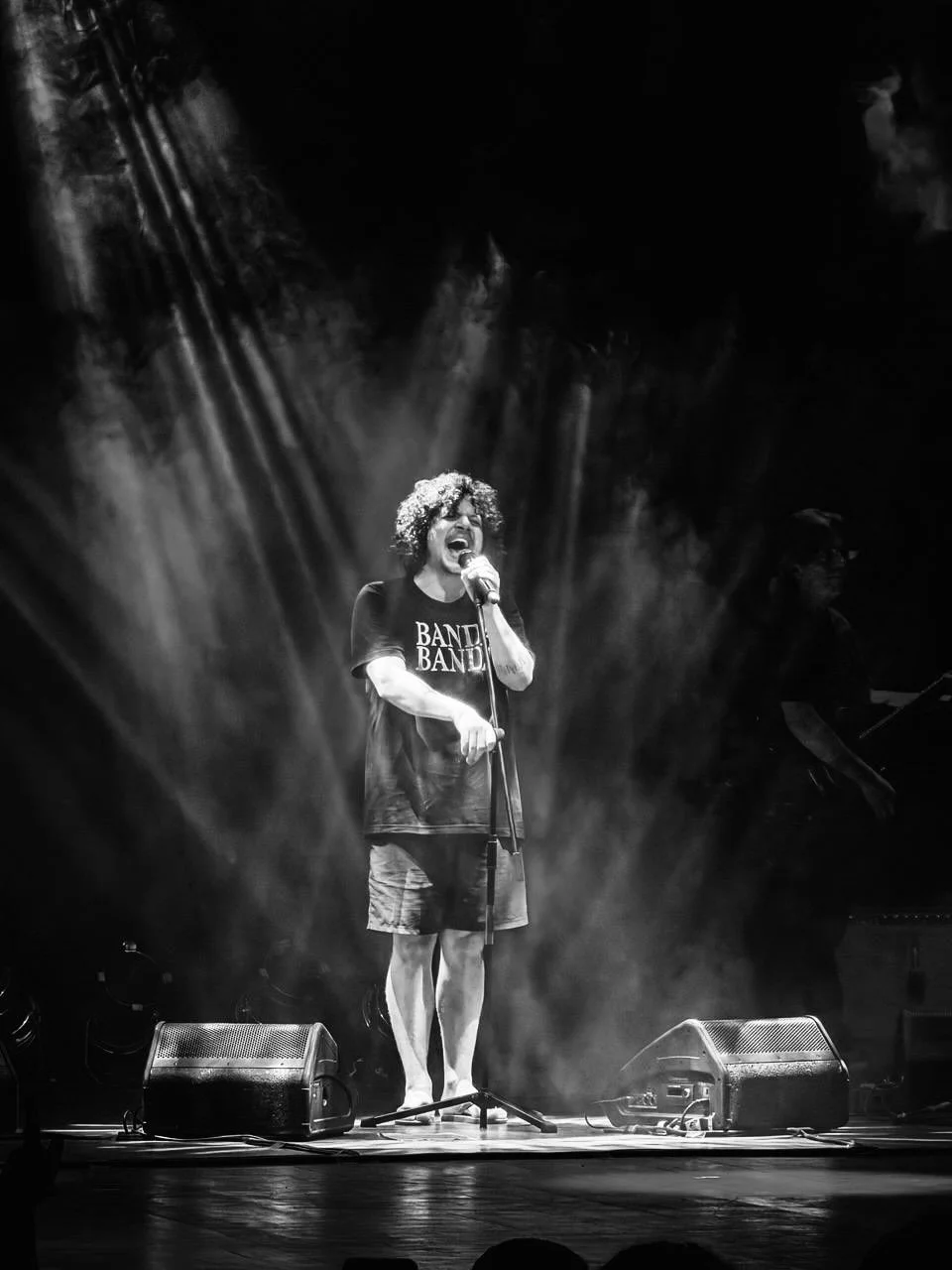 Pessoa de cabelo encaracolado cantando com microfone no palco, luzes e equipamentos de som ao fundo, em apresentação musical.