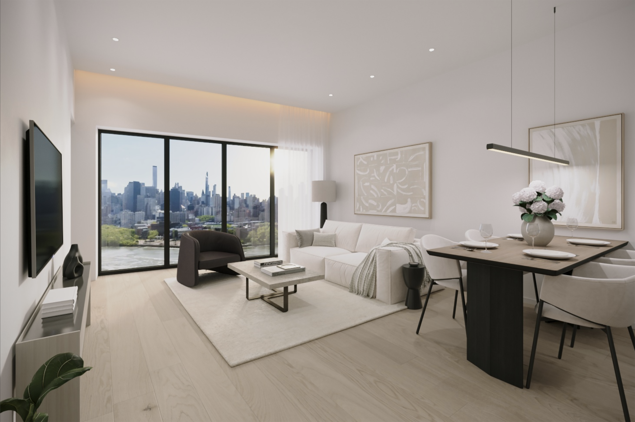 Modern living room with large window overlooking a city skyline, white sofa, black armchair, wooden coffee table, dining area with vase of flowers, contemporary art on walls, light wood flooring, and minimalist decor.