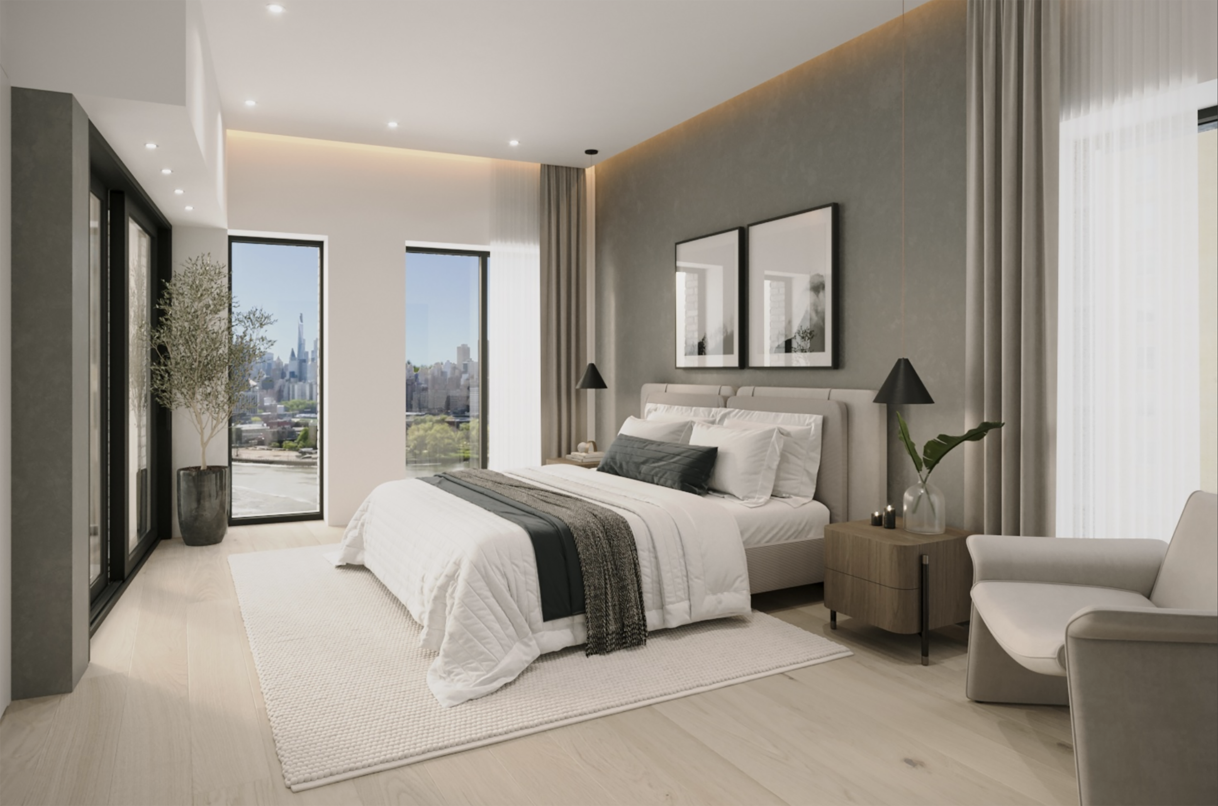 Modern bedroom with large windows showing city skyline, white bed with black and gray accents, wooden nightstand with black lamps, armchair, and neutral decor.