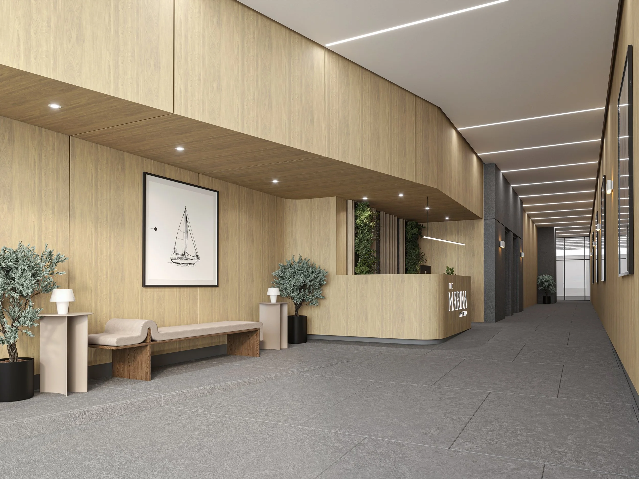 Modern hotel lobby with beige wood-paneled walls, a reception desk labeled "The Marina Astoria," and a seating area with a bench, small tables, lamps, and potted plants. The ceiling features linear lighting, and there is artwork on the walls.