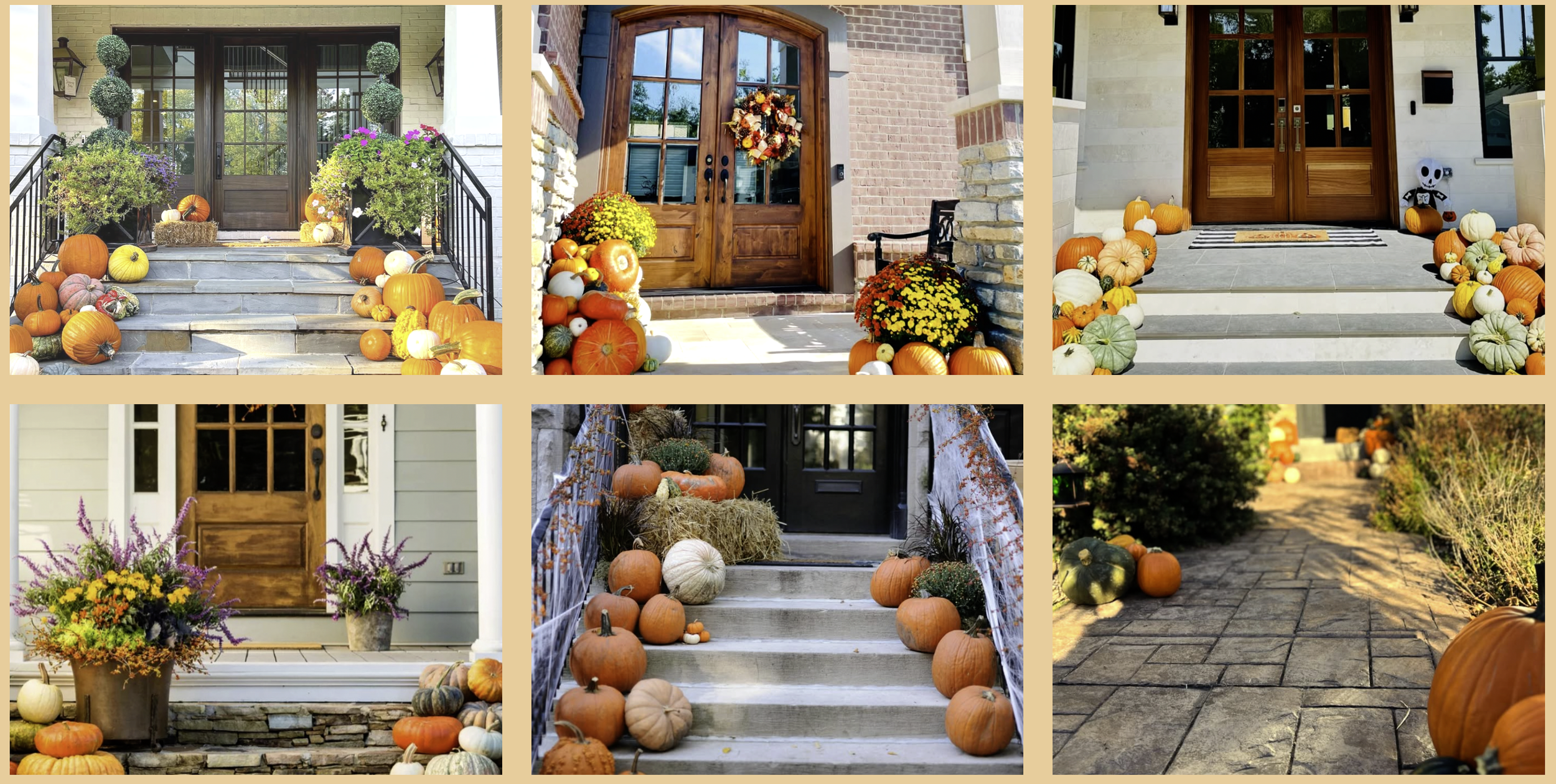 Colourful pumpkin displays on porches, stairs and walkways in Comox Valley, BC