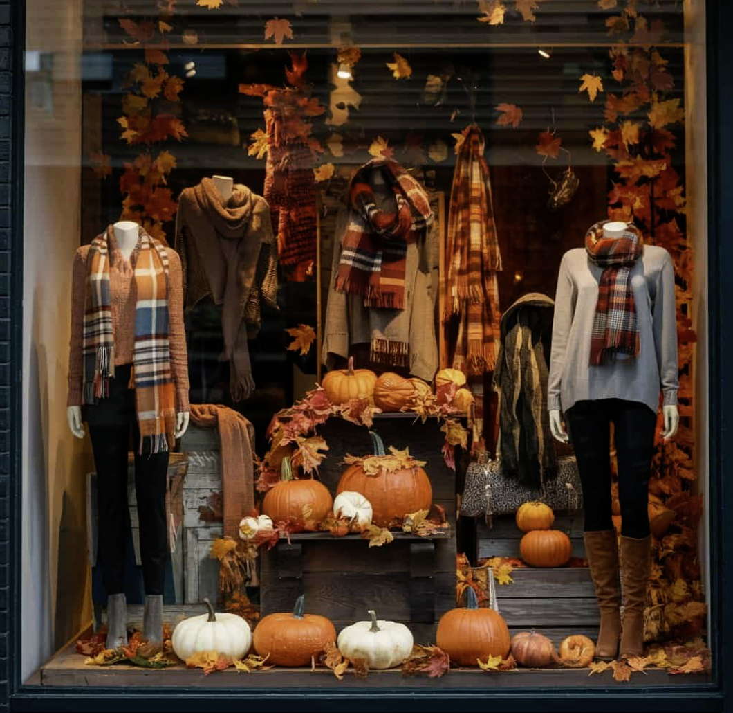 “Fall fashion storefront decorated with pumpkins and leaves in Comox Valley BC to help engagement with your customers"”