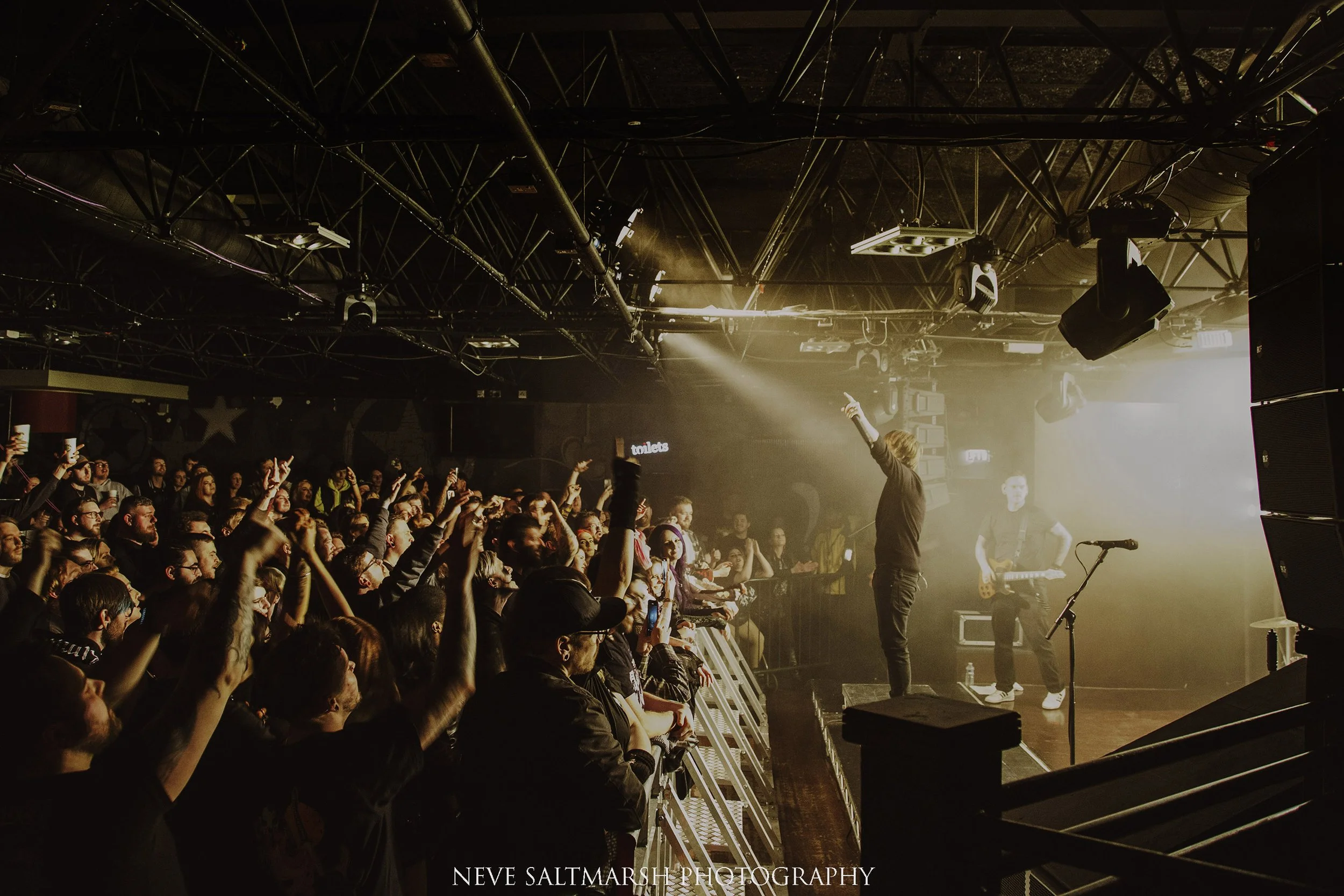 Concert scene with a singer on stage pointing upward, band members playing instruments, and an enthusiastic crowd with many raising their hands.