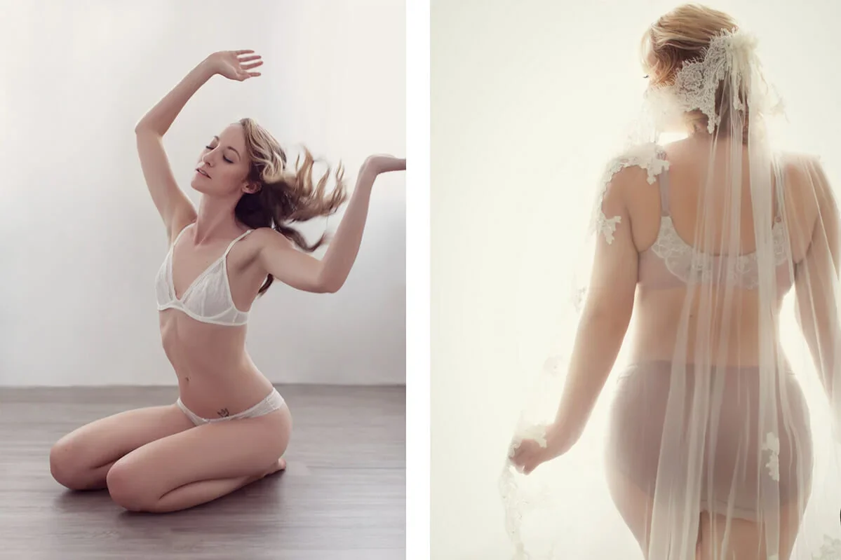 A woman with long wavy hair is kneeling on the floor in white lingerie, dancing with her eyes closed on a plain white wall background. In another image, a woman in wedding lingerie with a lace veil is facing away, illuminated by soft light, holding p