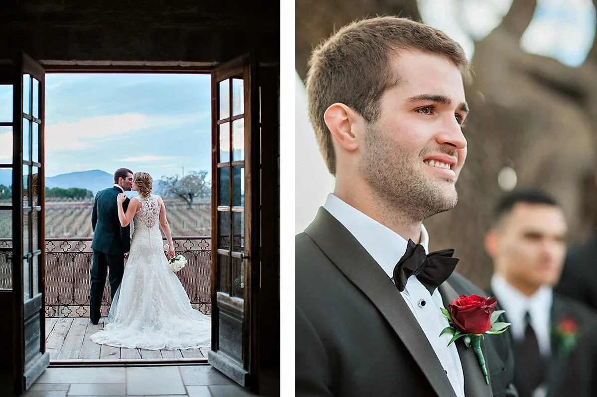 A couple getting married, kissing on a balcony with a vineyard and mountains in the background; a man in a tuxedo with a red rose boutonniere is shown in a close-up.