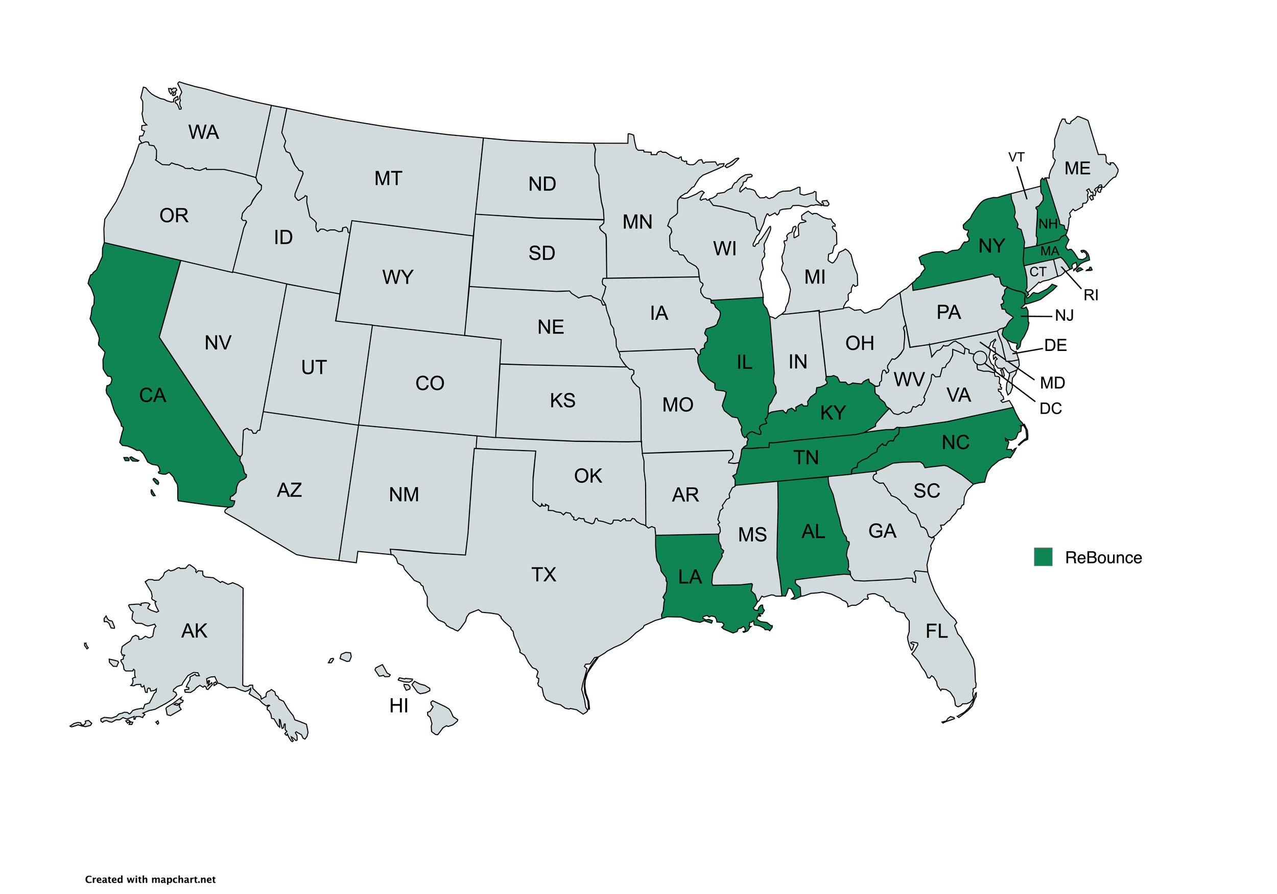 Map of the United States highlighting states where ReBounce is available in dark green, including California, Illinois, Kentucky, Tennessee, Alabama, Louisiana, Georgia, North Carolina, South Carolina, Virginia, Maryland, Delaware, New Jersey, Connecticut, Massachusetts, New Hampshire, Maine, and Vermont.