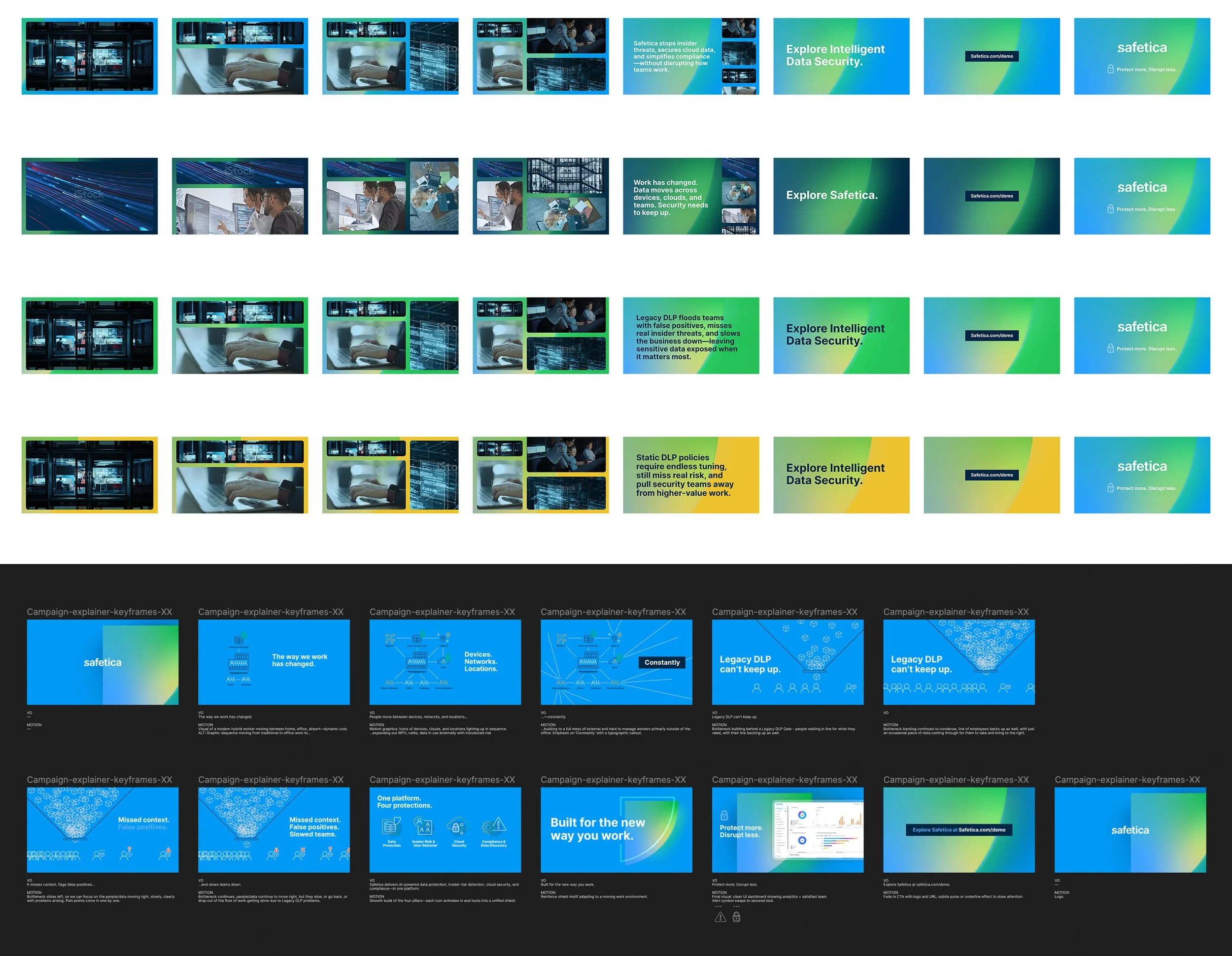 Storyboards and keyframes for Safetica video and motion graphics animation projects.