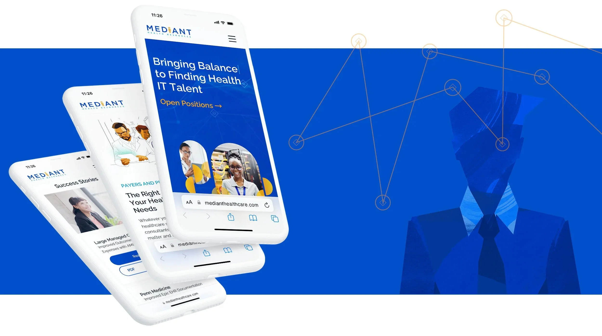 Multiple smartphones displaying healthcare website pages with illustrations of medical professionals and text, set against a blue background with a stylized geometric figure and connected dot lines.