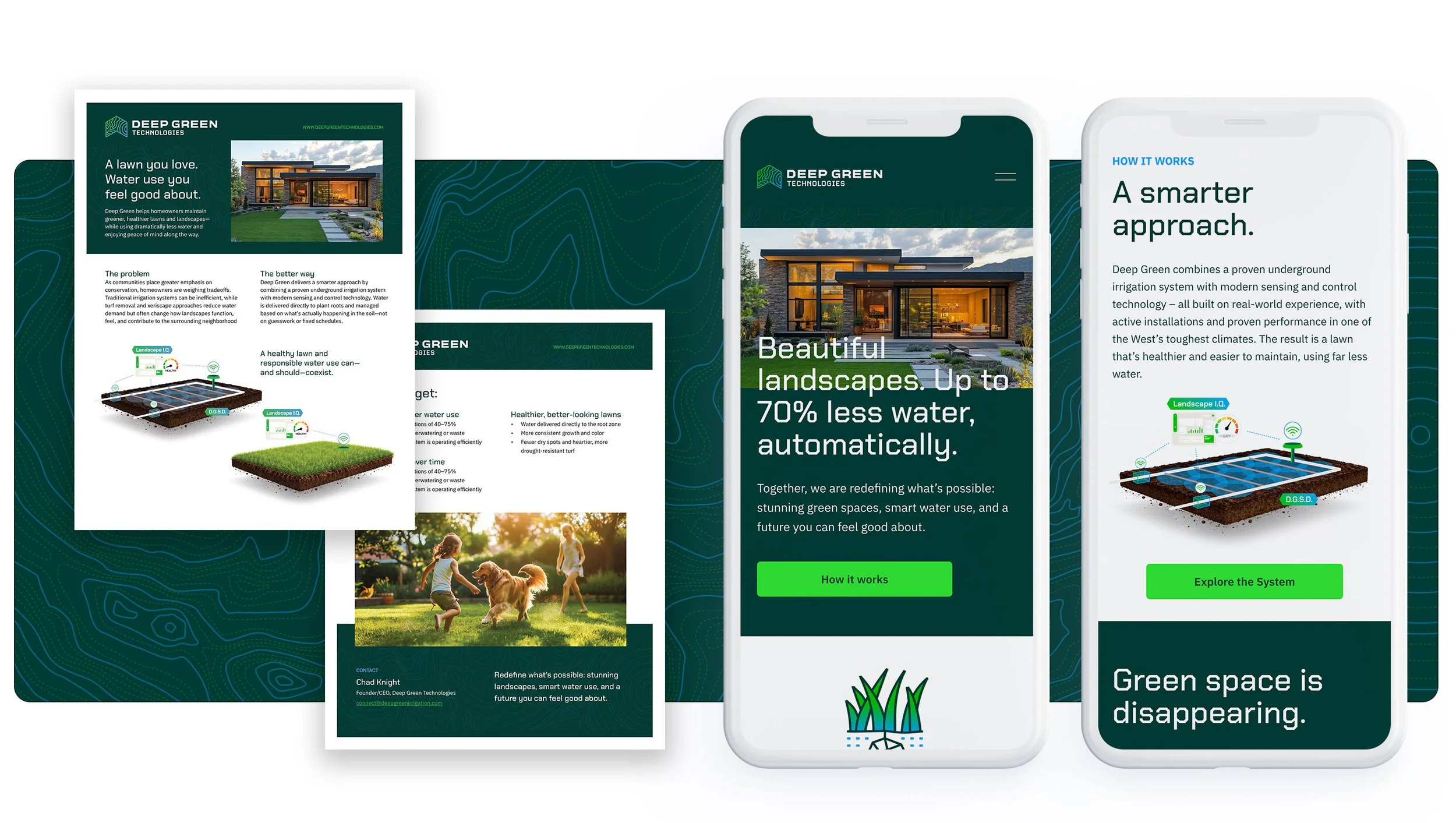 Print collateral and a mobile website designed by Studio Rover for their client Deep Green Technologies