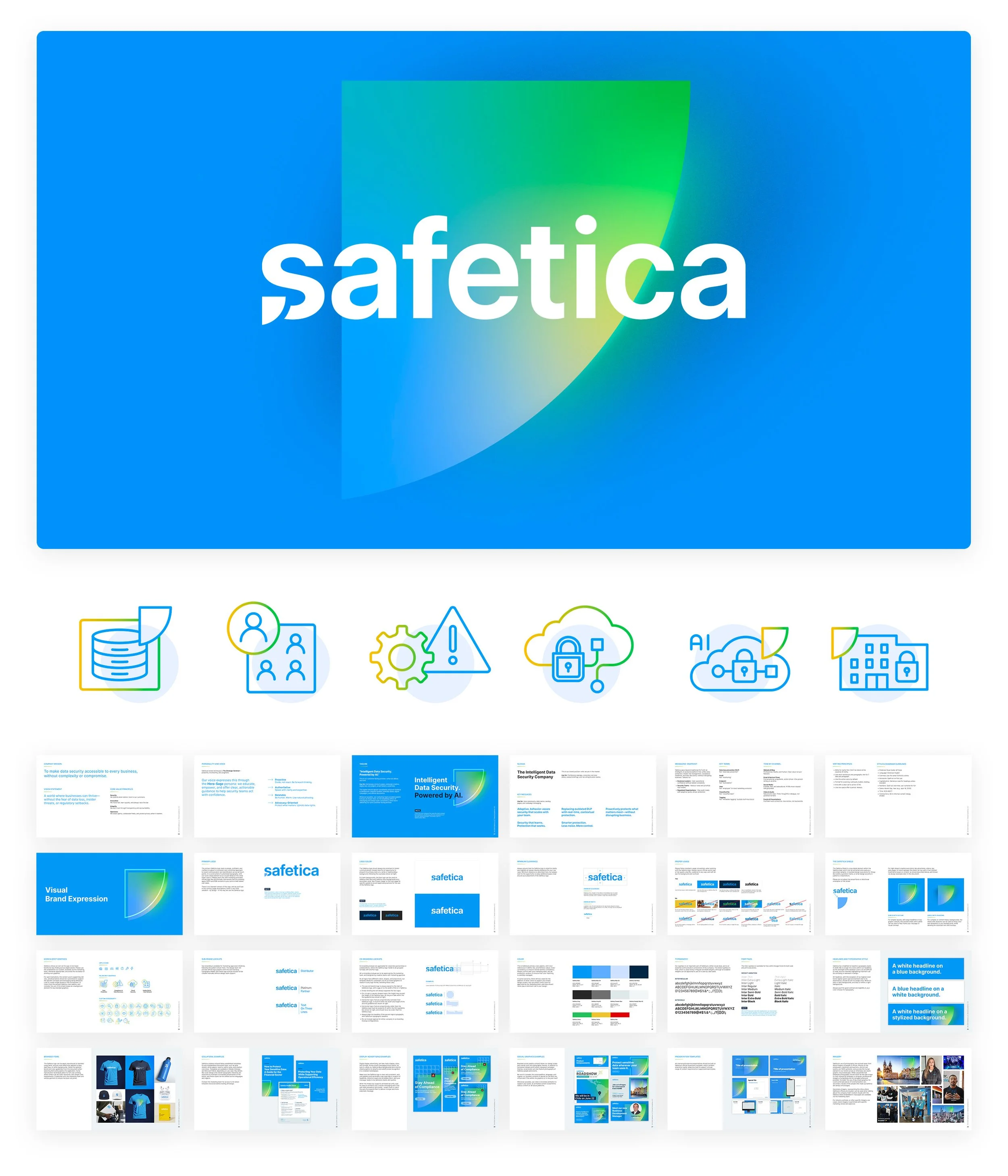 Safetica visual identity logo and shield design, custom icons and brand identity guidelines.