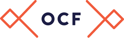 Graphic design with the letters 'OCF' and geometric shapes in red and dark blue colors.