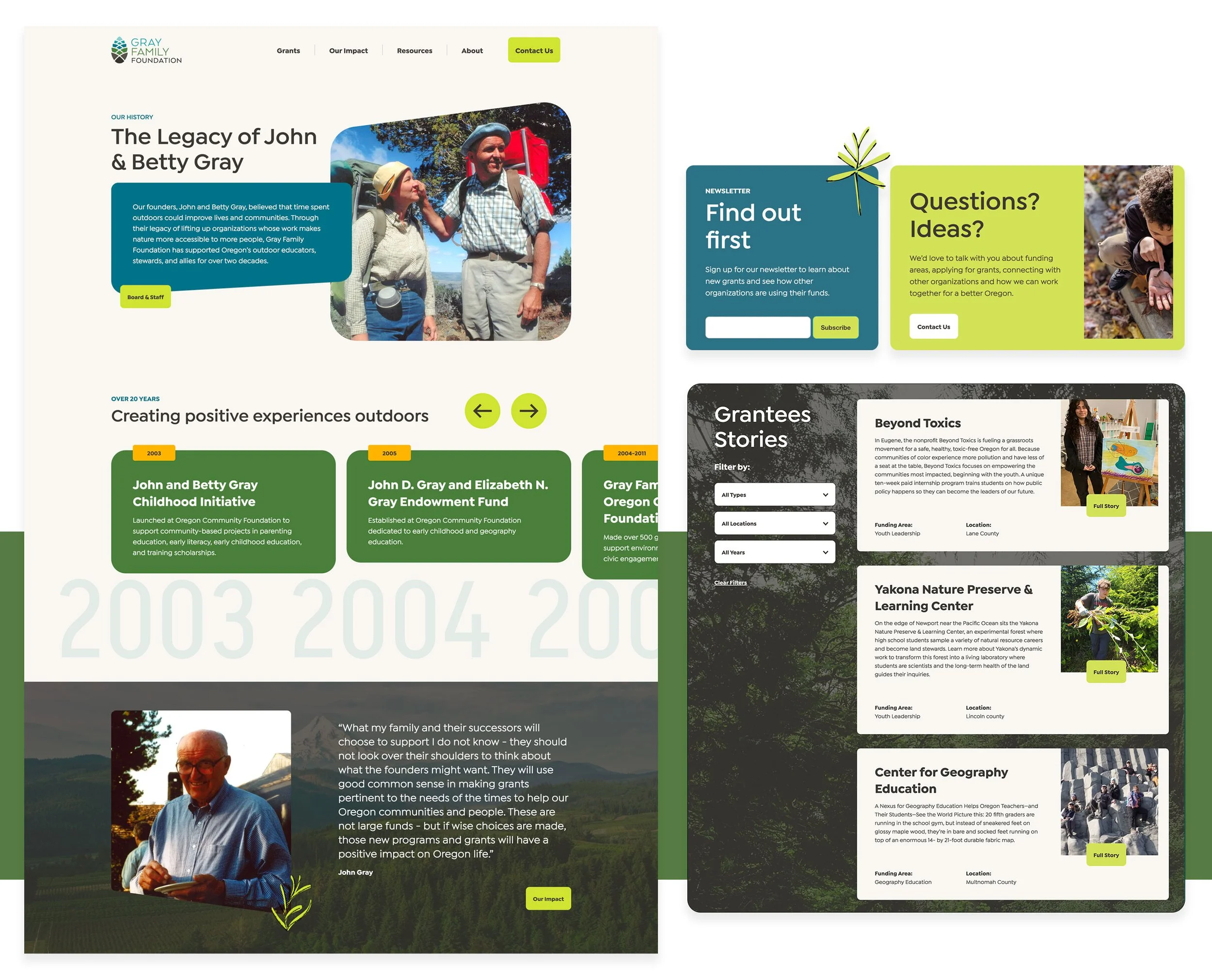 Screenshot of a website homepage for Gray Family Foundation featuring information about their history, grants, impact, and stories of community projects with images of people outdoors and in the field.