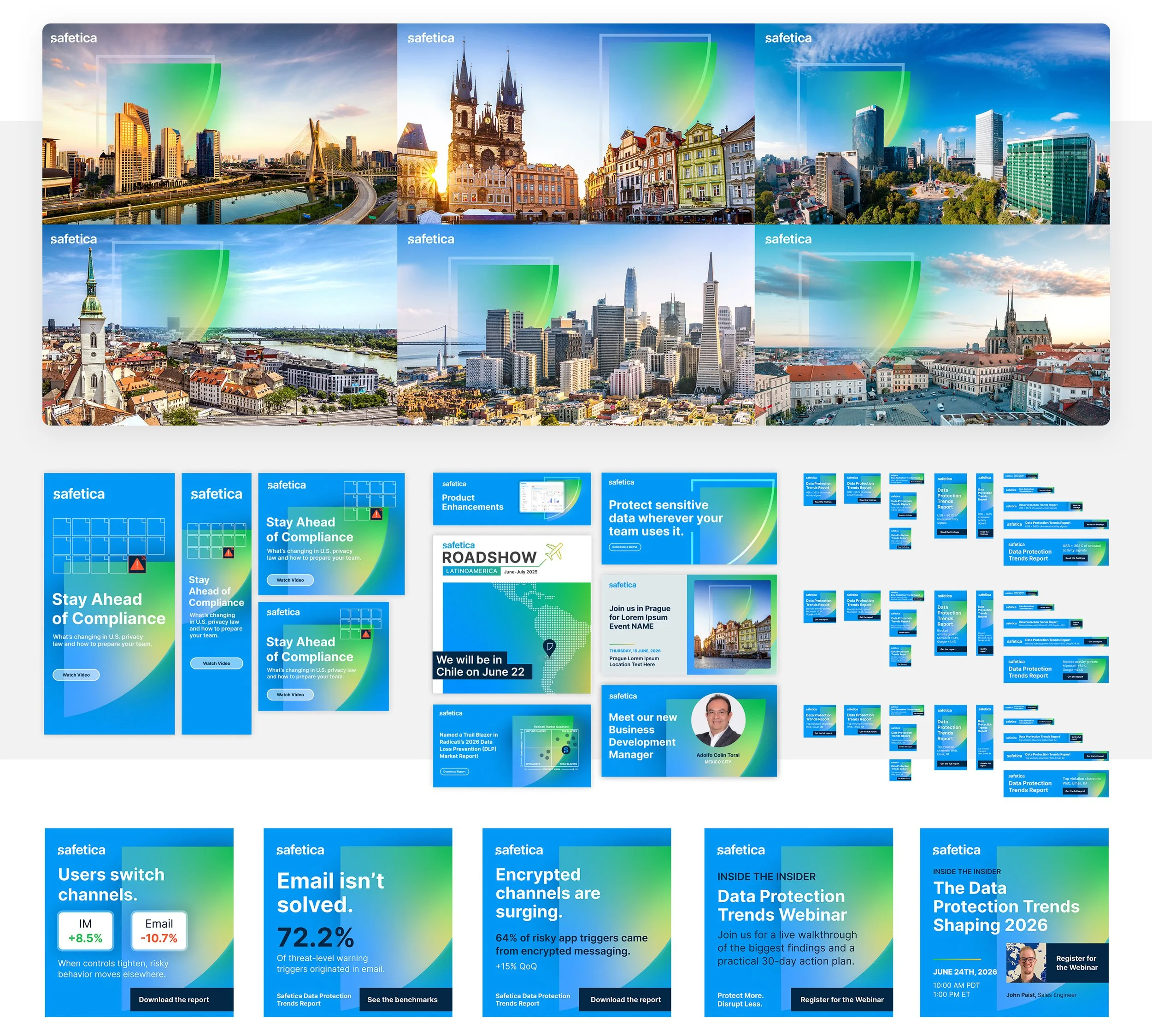 Safetica design examples from social media, digital display advertising, and LinkedIn.