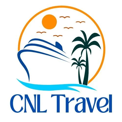Logo of CNL Travel featuring a cruise ship, palm trees, birds, sun, and water.