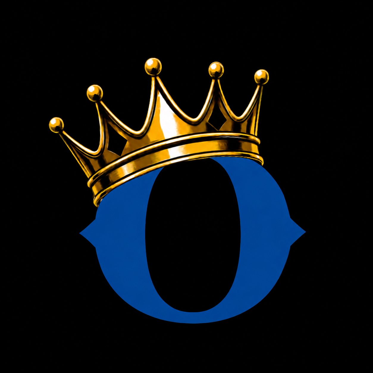 A large blue letter 'O' with a gold crown on top, set against a black background.