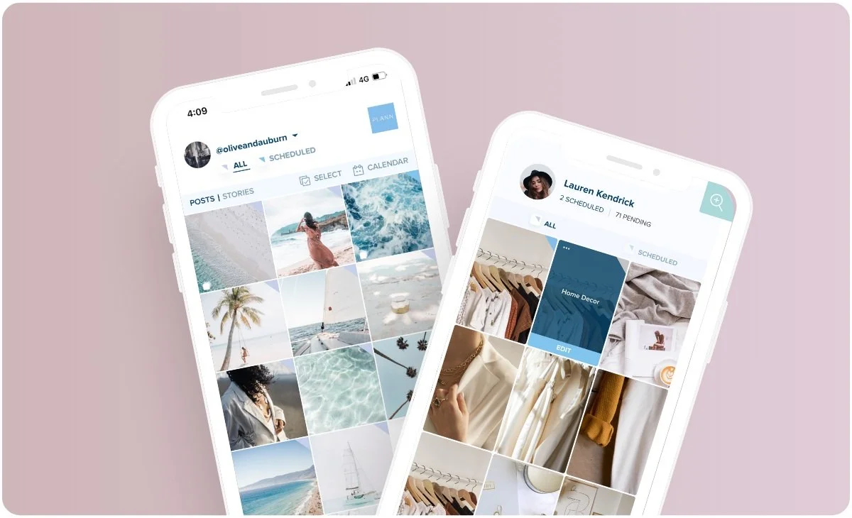 Two smartphones displaying social media apps with photo thumbnails and categories, one showing beach and ocean images, the other showing home decor and clothing.