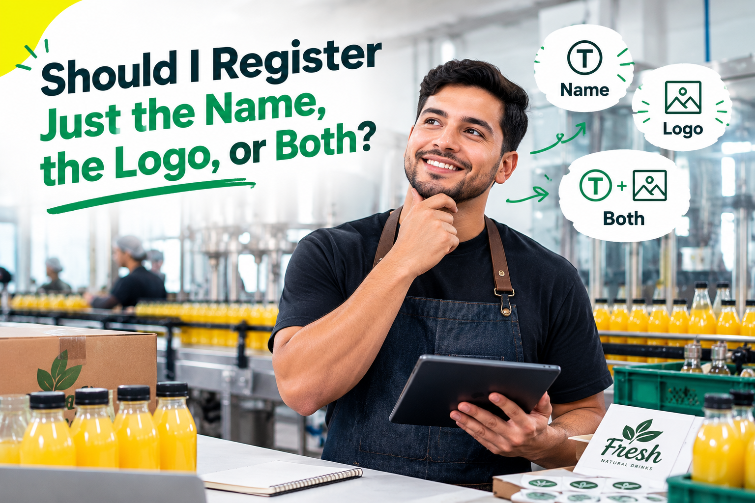 Young beverage business owner considering whether to trademark a business name, logo, or both in Florida.
