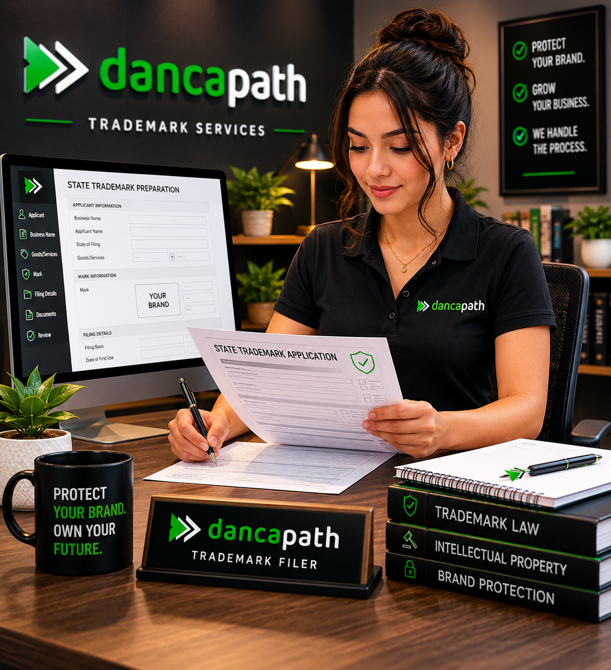 Dancapath trademark filing specialist reviewing a US State trademark registration application for a business owner