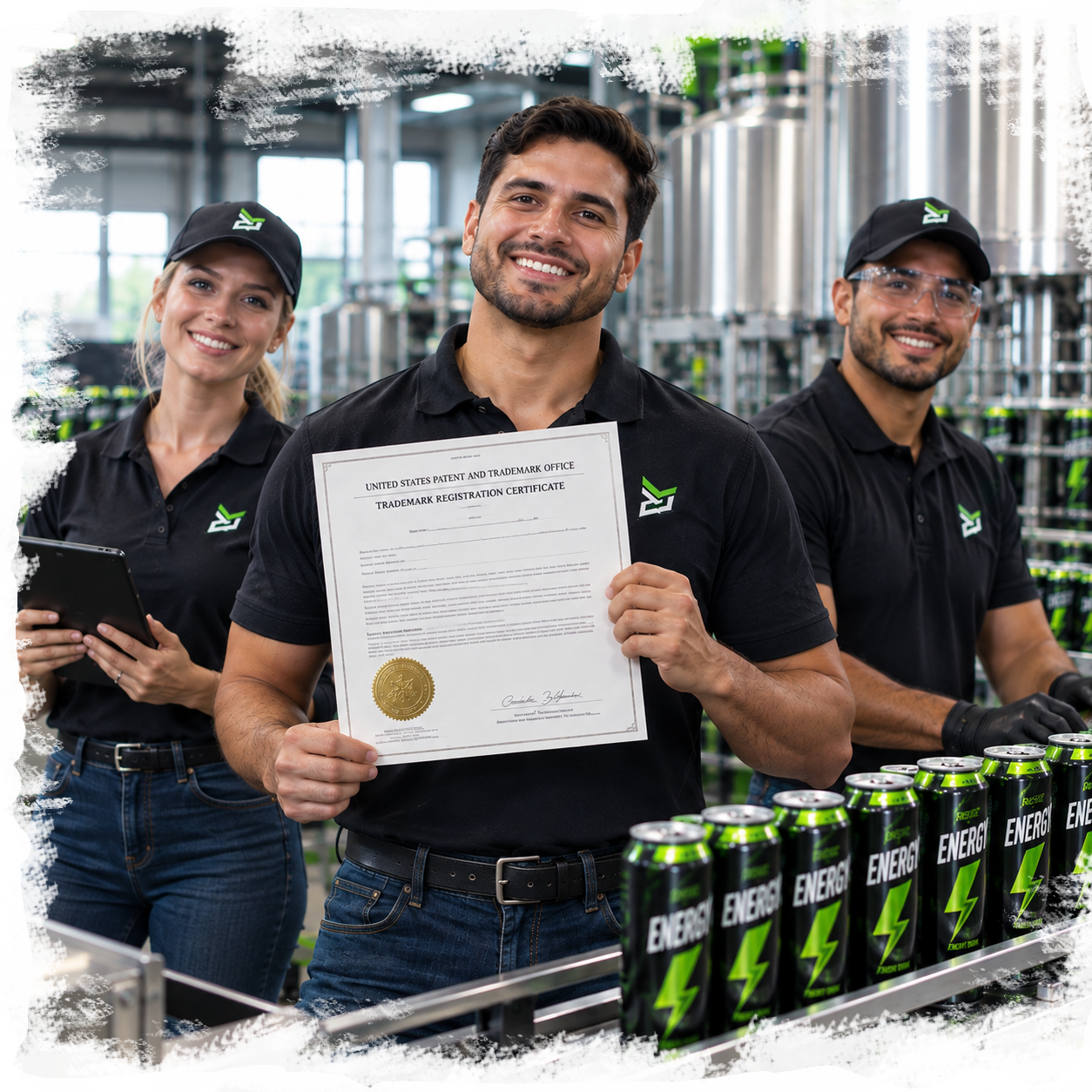 Smiling man holding a trademark registration certificate in a beverage production facility with two colleagues, cans of energy drink on conveyor belt.