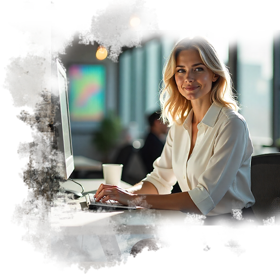 A young woman with blonde hair and a white blouse sitting at a desk in a modern office, smiling at the camera, with a computer and a coffee mug in front of her.