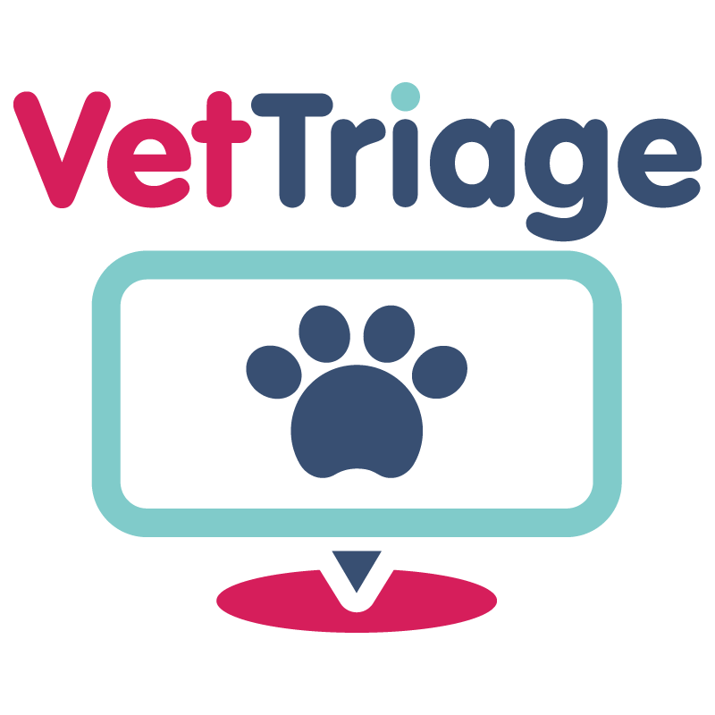 Logo with the words "VetTriage" and a paw print inside a computer monitor icon.