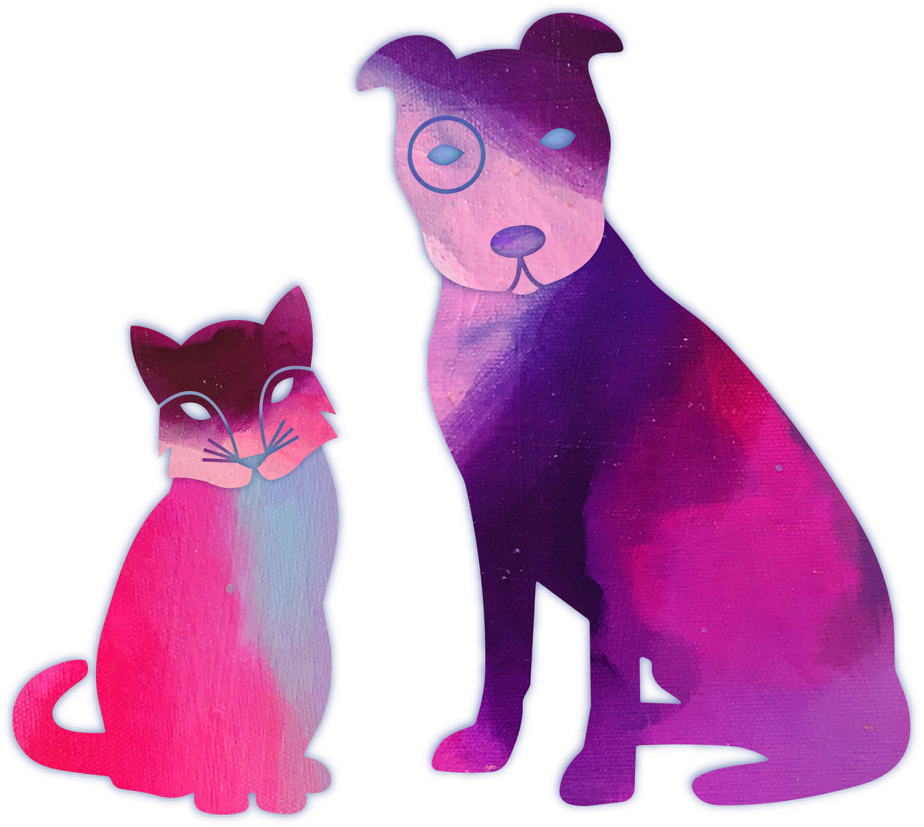 Digital watercolor illustration of two animals, a dog and a cat, with a galaxy-themed color palette of purple, pink, and blue hues