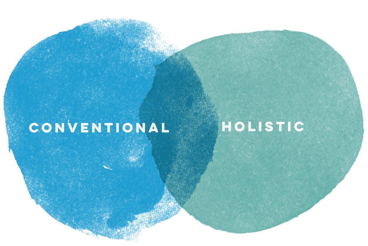 Venn diagram comparing conventional and holistic approaches, with overlapping area in the middle.