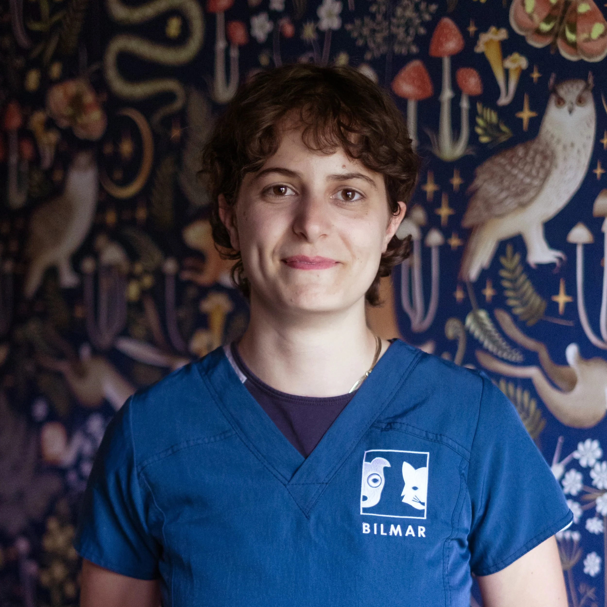 A young person with short curly brown hair wearing a blue shirt with a logo that says BITMAR on it, standing in front of a dark decorative tapestry with various animal illustrations, including a snake, a peacock, and a unicorn.