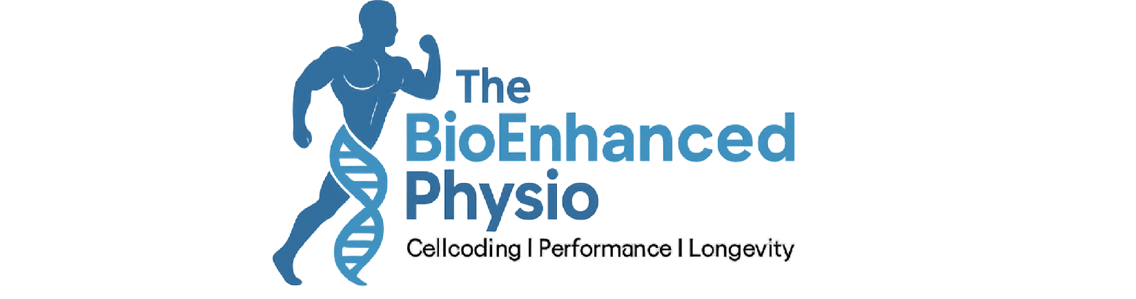 Logo for The BioEnhanced Physio with a silhouette of a muscular person next to a DNA strand, and the text 'The BioEnhanced Physio' along with the tagline 'Cellcoding | Performance | Longevity'.
