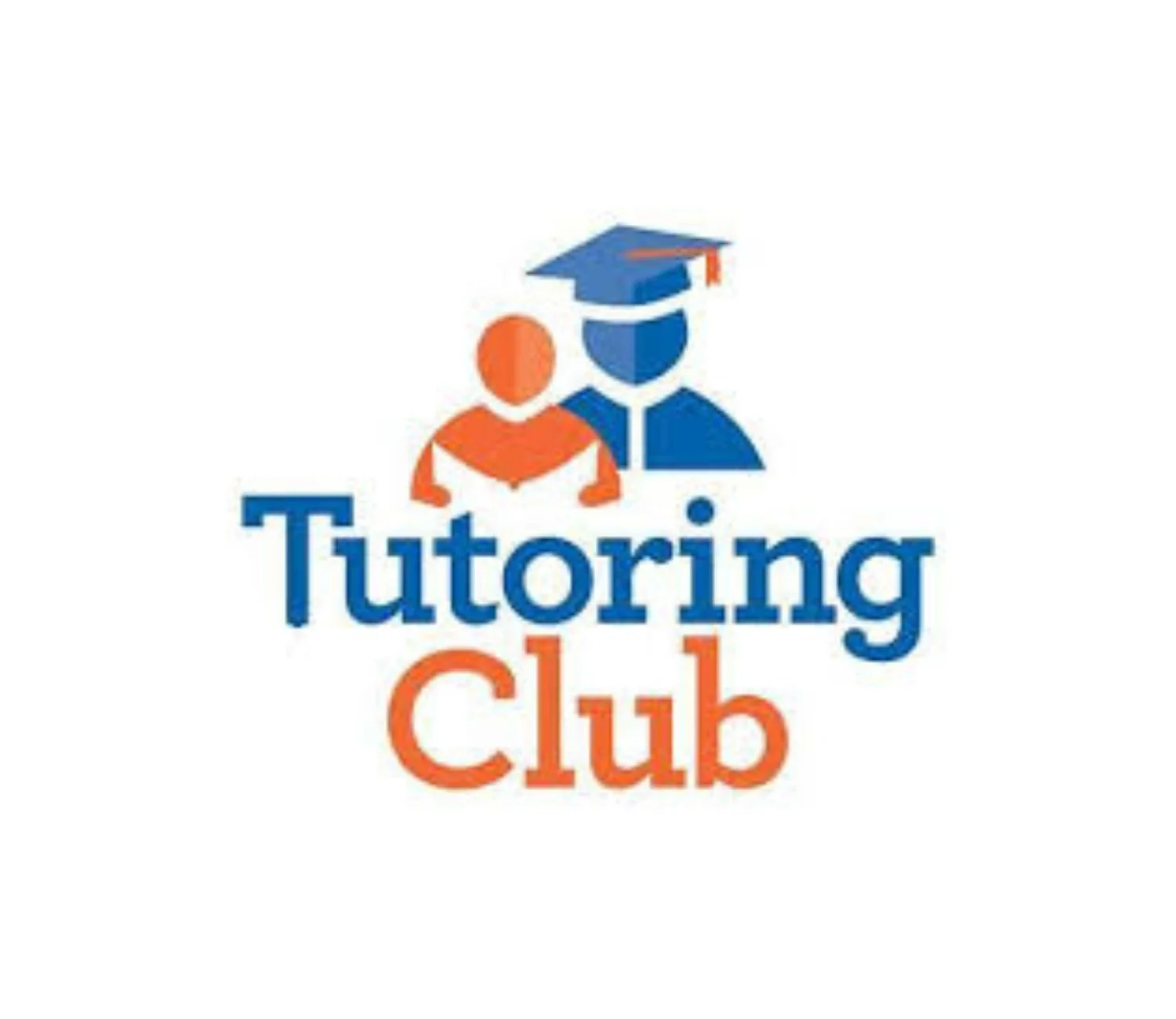 Logo with a figure wearing a graduation cap and a person with open arms, above the text 'Tutoring Club' in blue and orange.
