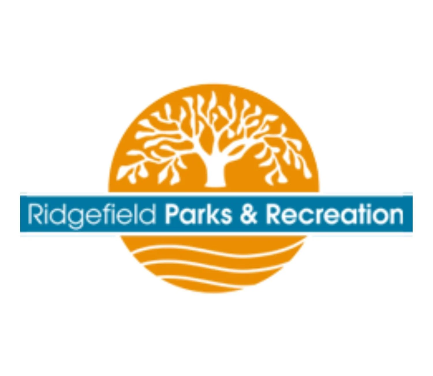 Ridgefield Parks & Recreation logo with an orange tree and wavy lines inside a circle, and a blue banner with white text.