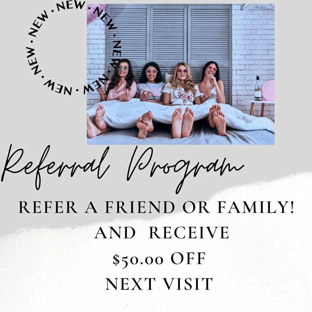 A promotional flyer for a referral program featuring a group of four women sitting on a bed, smiling and enjoying drinks, against a backdrop of a white brick wall with wooden shutters and decorations. The flyer has a circular