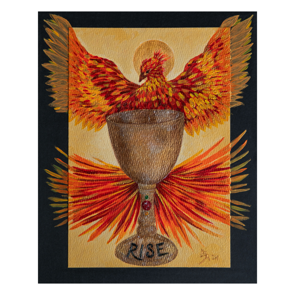 Channeled Art Painting by Spiritual Alchemist Inc of a phoenix with outstretched wings emerging from a chalice with the word RISE on its base, against a golden background with a halo behind the phoenix's head.