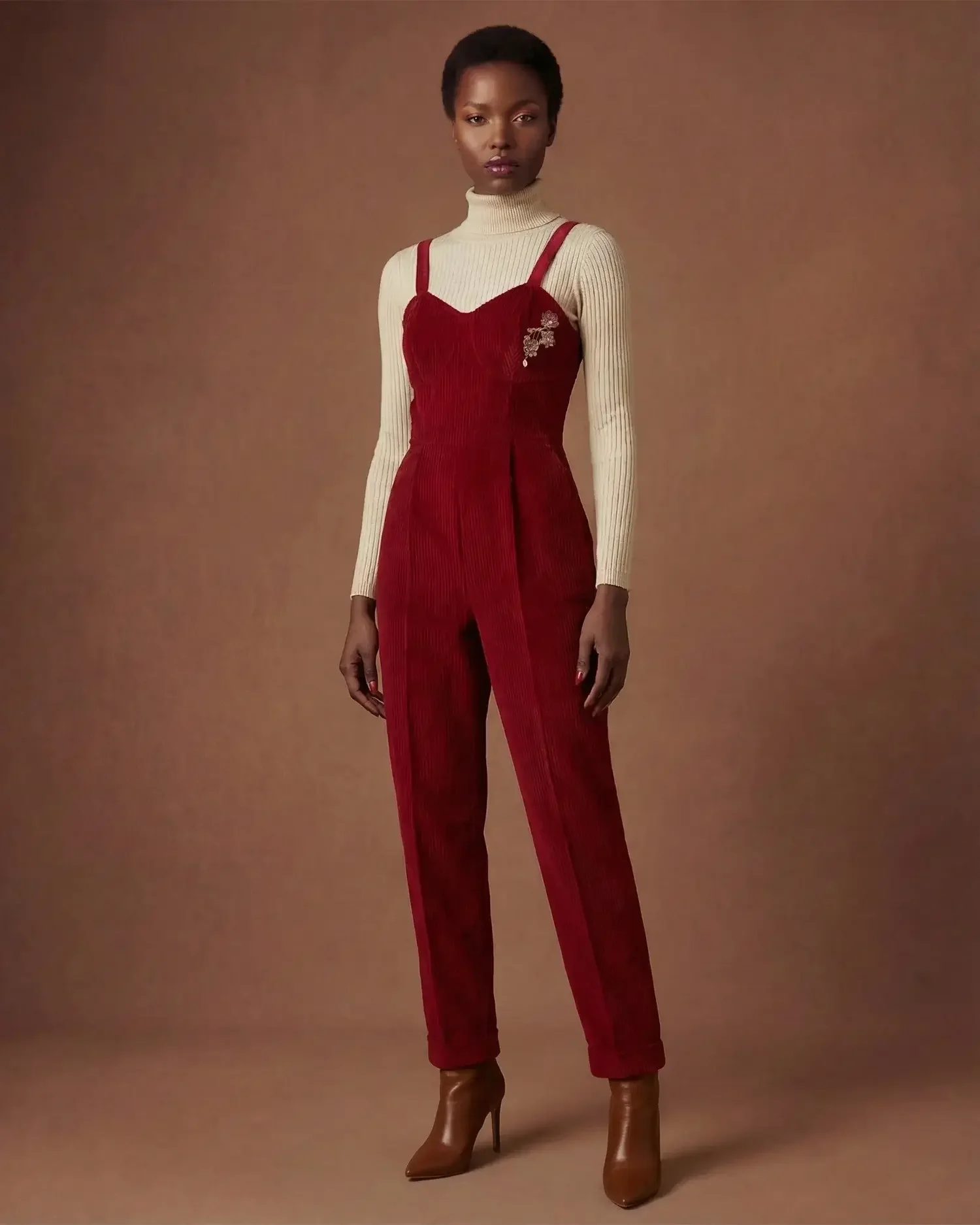 •	Petite burgundy embroidered corduroy jumpsuit front view
