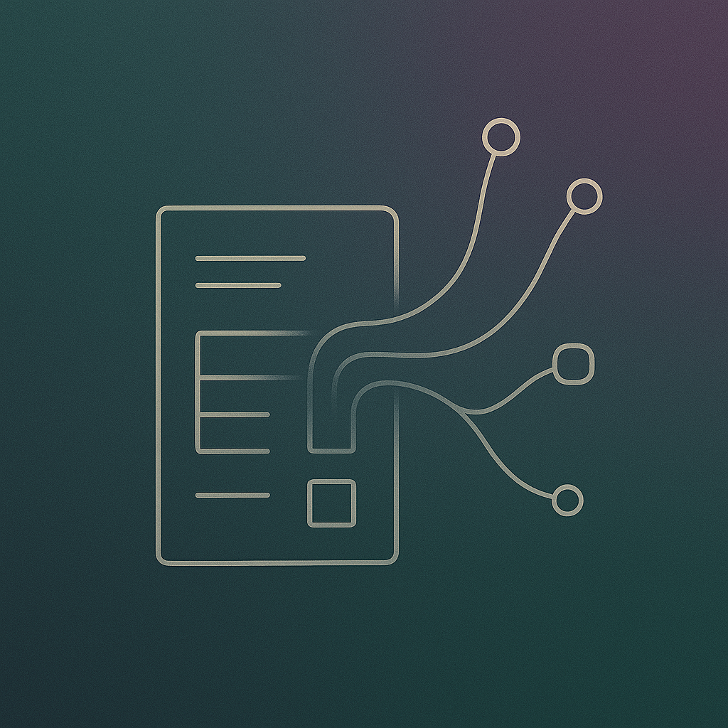 Une illustration d'une feuille ou document avec des lignes, dont un tiret. Quatre lignes partent de la feuille, se terminant par des cercles ou carrés, représentant la connexion ou la circulation de données. Illustration technologique ou de gestion de l'information.