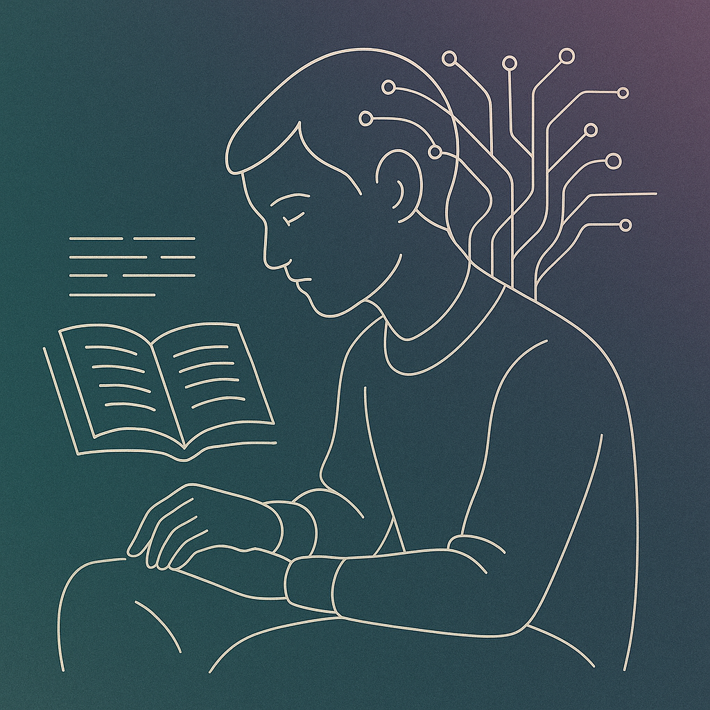 Illustration d'une personne en profil lisant un livre, avec des lignes représentant des idées ou des connexions dans sa tête, dessinée en lignes blanches sur un fond dégradé.