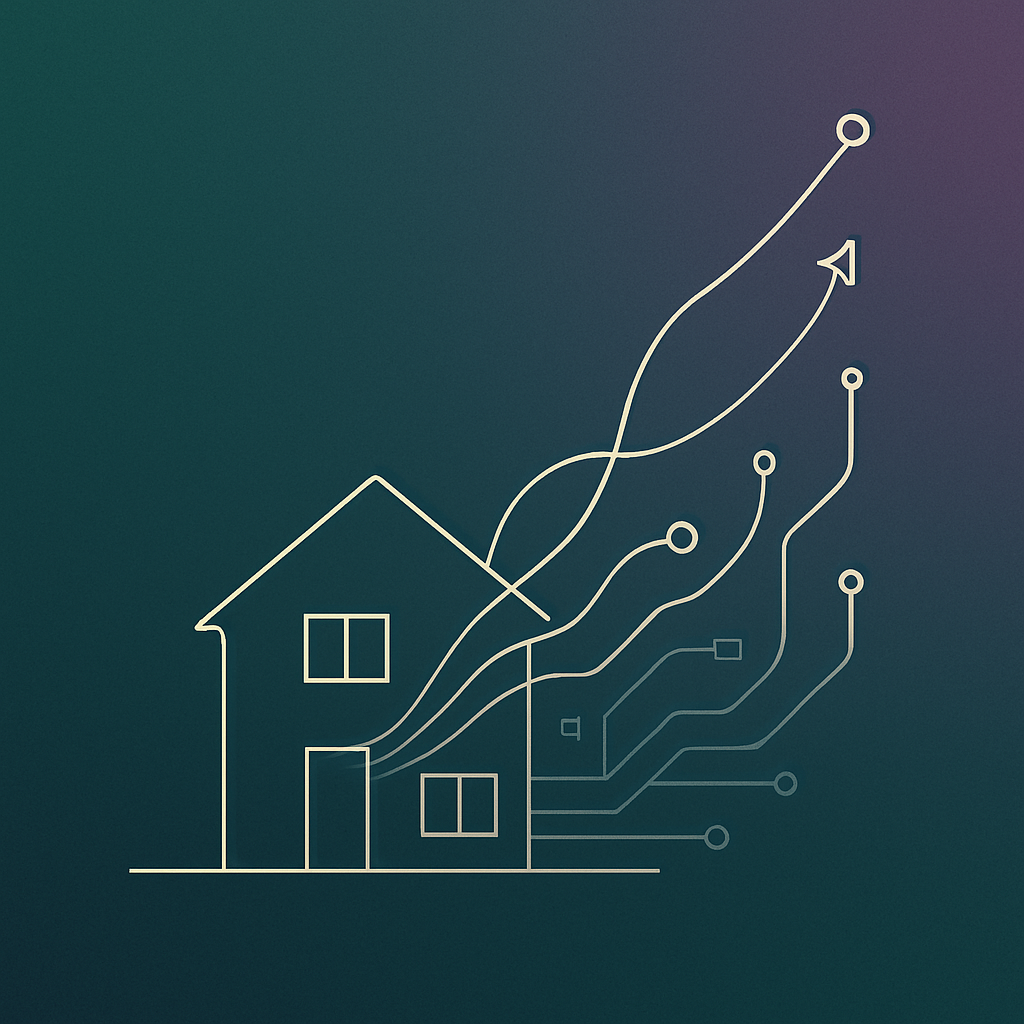 Illustration numérique représentant une maison avec plusieurs lignes de circuits ou graphes évolutifs qui sortent du toit, symbolisant la croissance ou l'innovation technologique dans le domaine immobilier.
