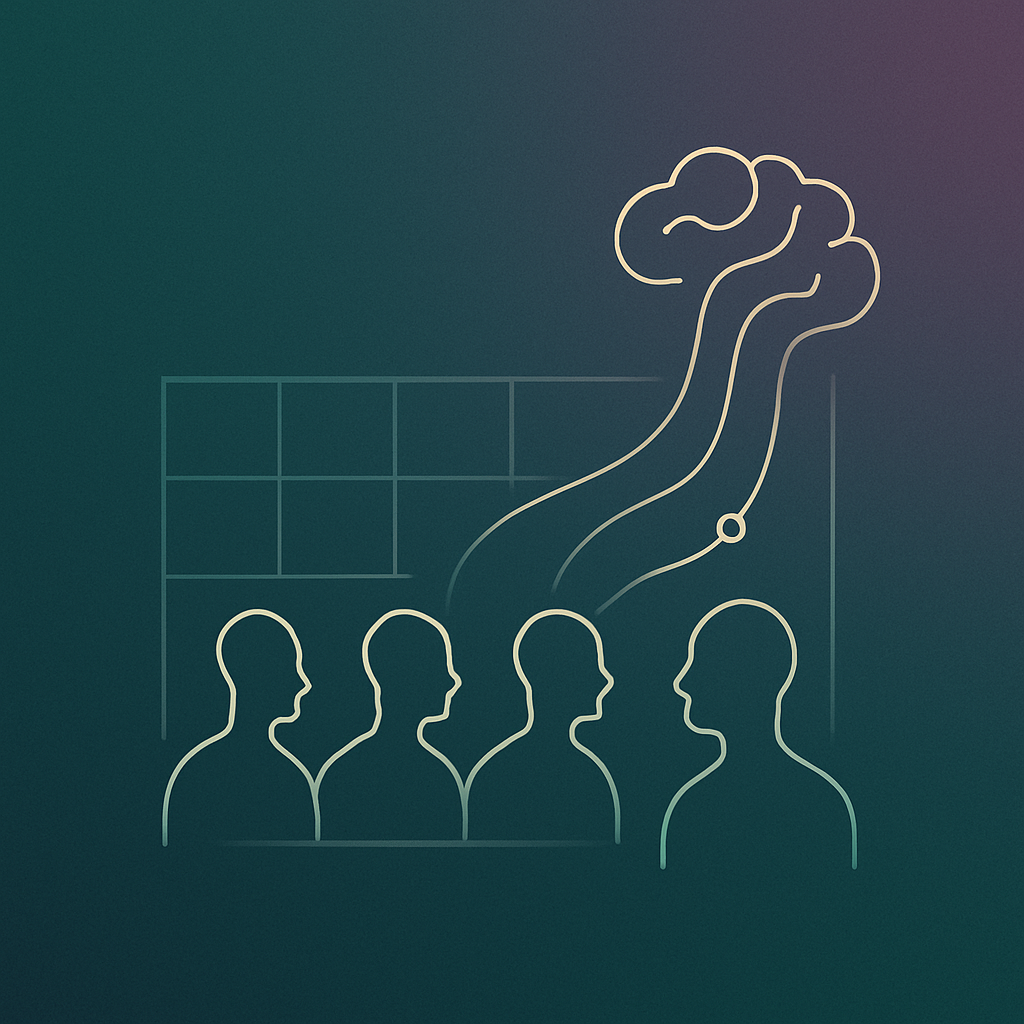 Illustration minimaliste de cinq profils humains regardant vers un tableau avec une ligne de courbes et une silhouette de cerveau représentant la pensée ou l'esprit.