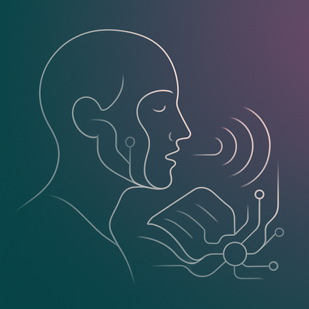 Illustration d'une personne parlant avec des lignes stylisées symbolisant la communication et la technologie.