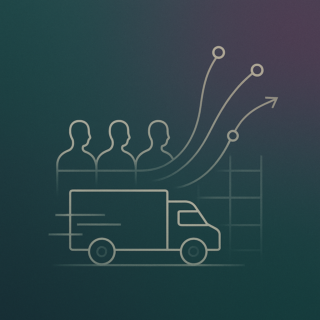 Une illustration simple représentant une camionnette avec trois silhouettes humaines à l'arrière, des lignes de graphique avec des flèches pointant vers le haut, indiquant la croissance ou le succès dans la logistique ou le transport.