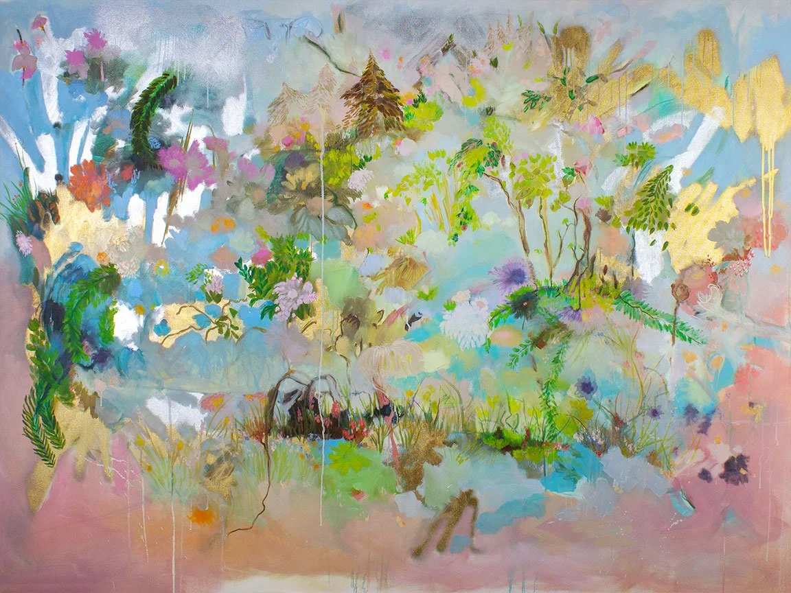 Dreamer's Eden, 49" x 71", oil and spray paint on canvas, framed