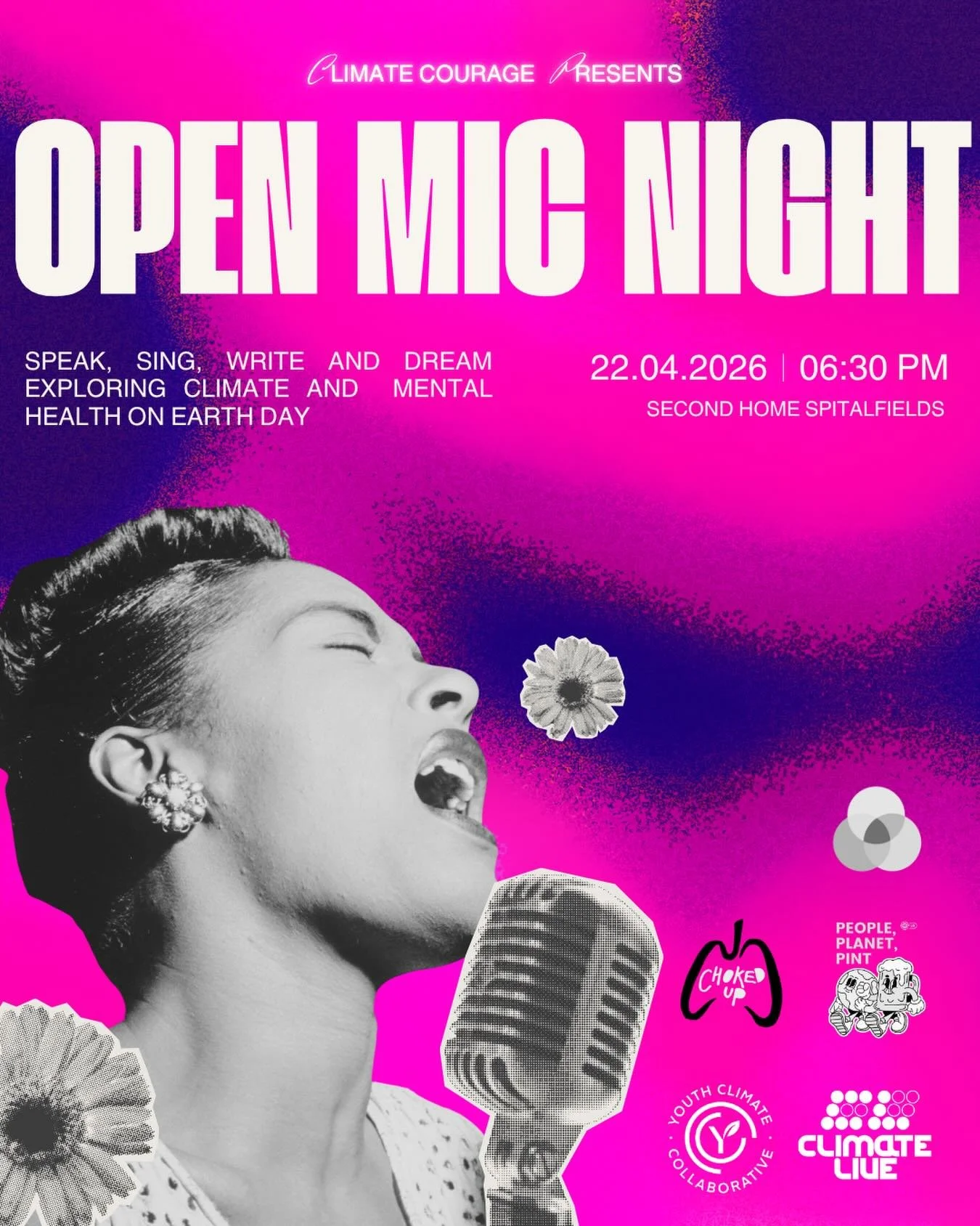 We are hosting an open mic! Join us on earth day @secondhome_io in spitalfields to explore climate and mental health! 

Get ready for special guest performances, workshops and games! 

Sing, speak, write and most importantly be creative. We want to h