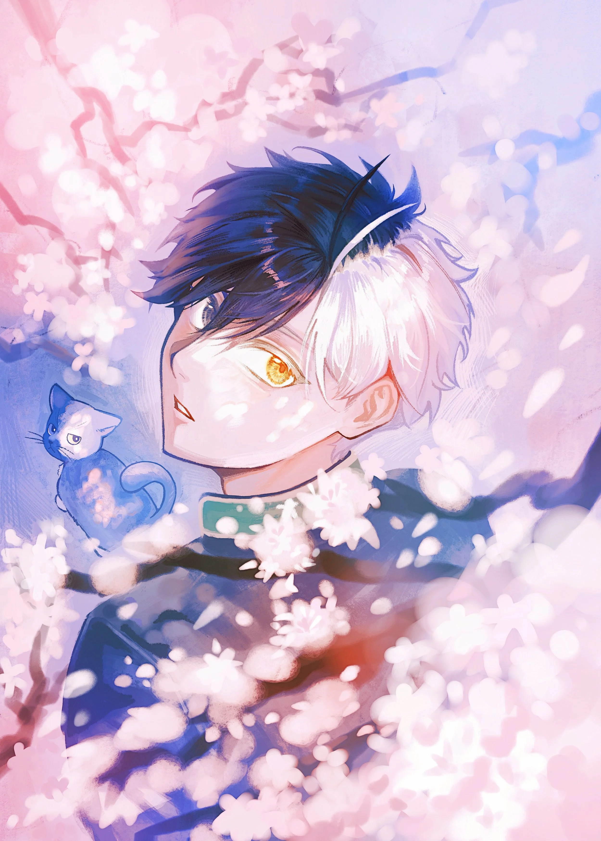 Anime-style illustration of a boy with half black and half white hair, winking with one golden eye, surrounded by pink cherry blossoms and a small blue and white cat.