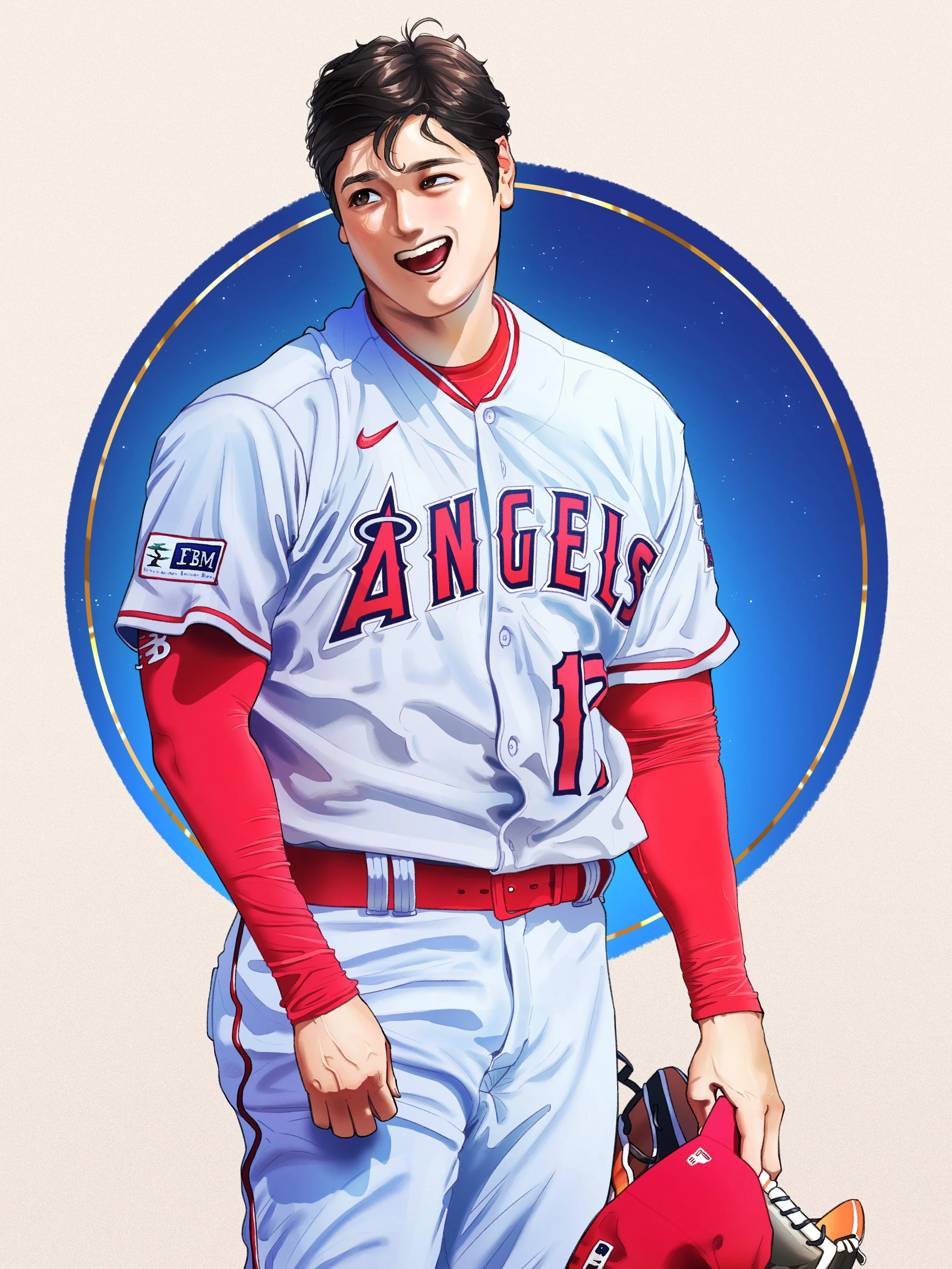 Digital illustration of a baseball player in a Los Angeles Angels uniform, holding a helmet, standing in front of a blue circular background with a gold border, smiling.