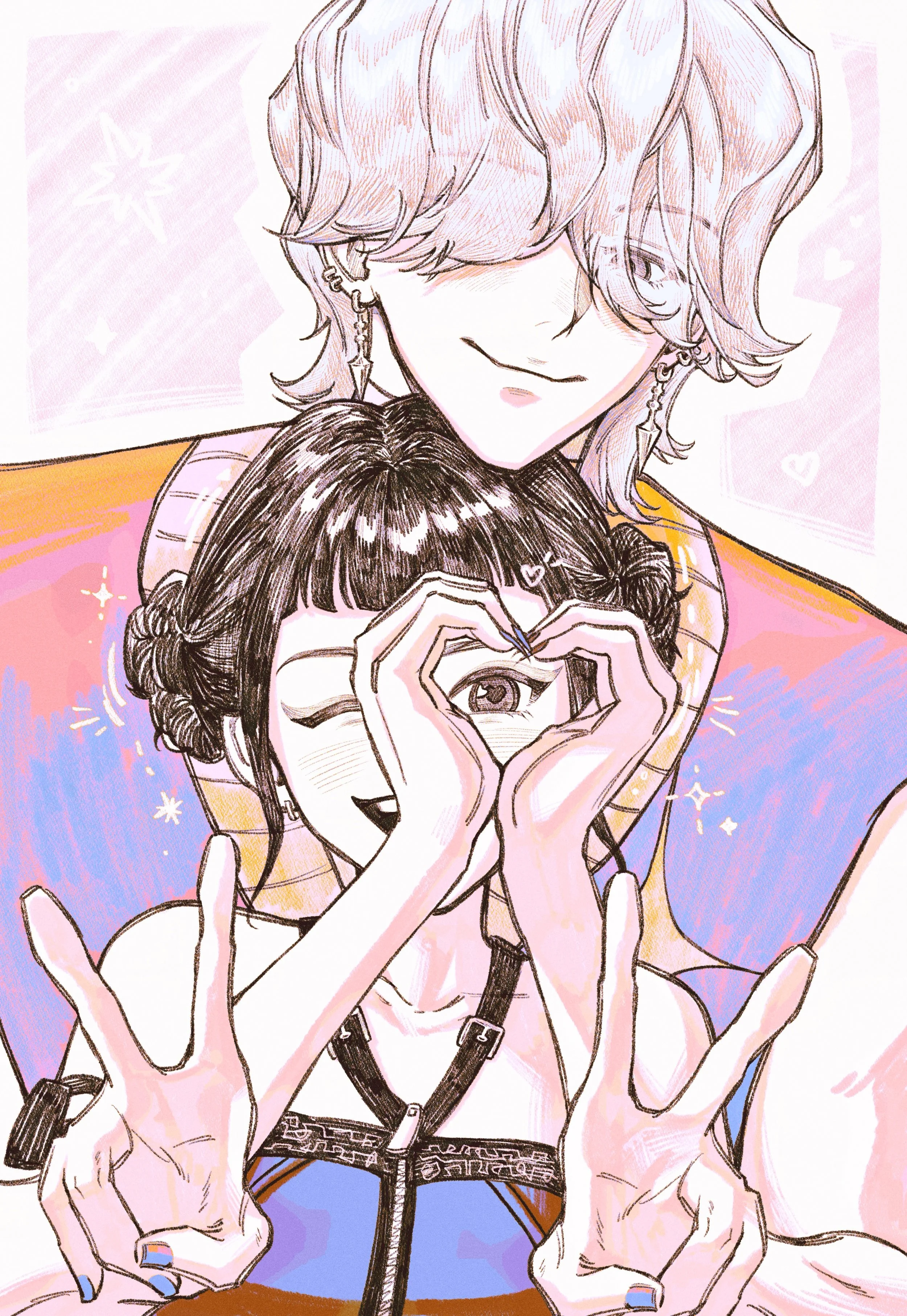 An illustrated drawing of two young women, one with short wavy hair and earrings, smiling and embracing the other with dark hair styled in two buns, making heart and peace sign gestures, with colorful pastel background.